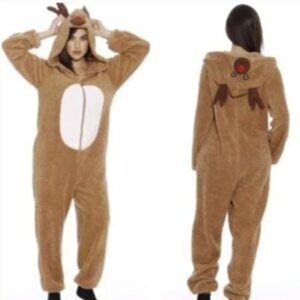 Reindeer Sherpa Onesie Costume Pajamas Rudolph Halloween Christmas EUC